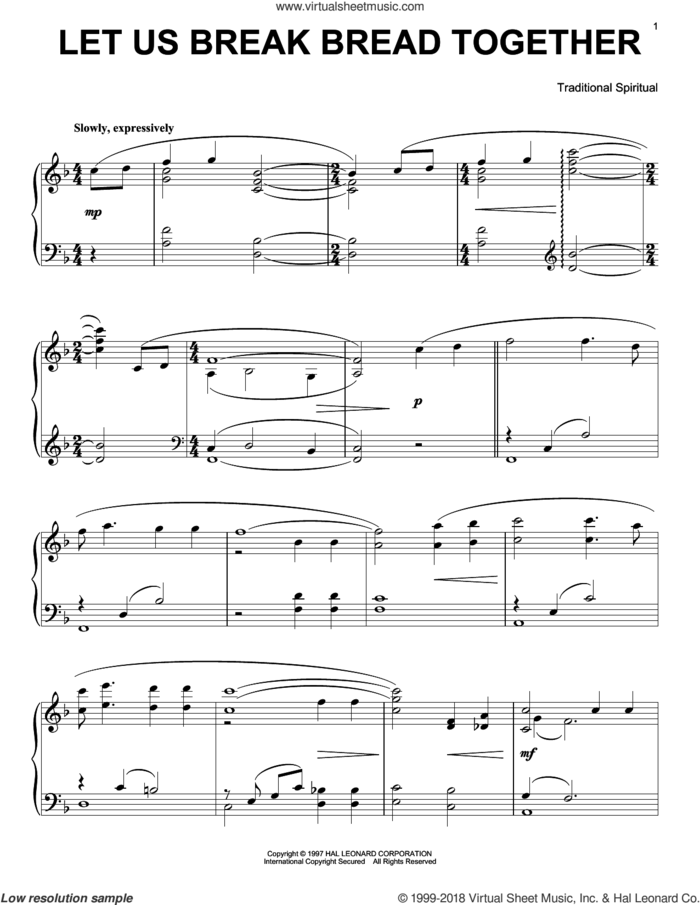 Let Us Break Bread Together, (intermediate) sheet music for piano solo, intermediate skill level