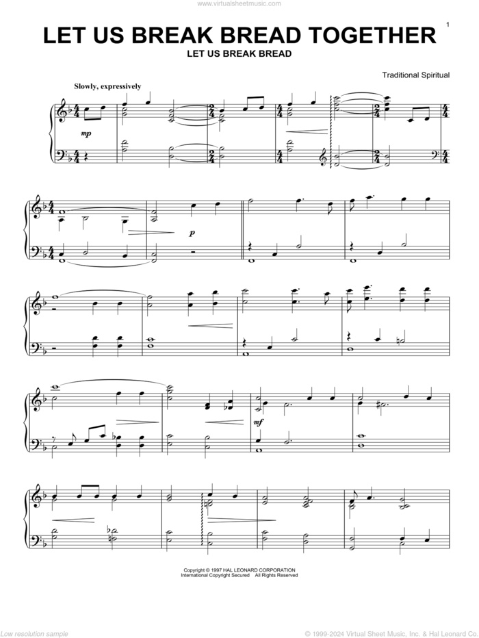 Let Us Break Bread Together, (intermediate) sheet music for piano solo, intermediate skill level