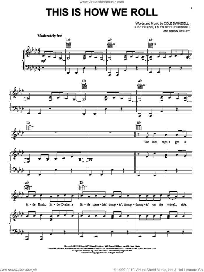 This Is How We Roll sheet music for voice, piano or guitar by Florida Georgia Line featuring Luke Bryan, Florida Georgia Line, Brian Kelley, Cole Swindell, Luke Bryan and Tyler Reed Hubbard, intermediate skill level