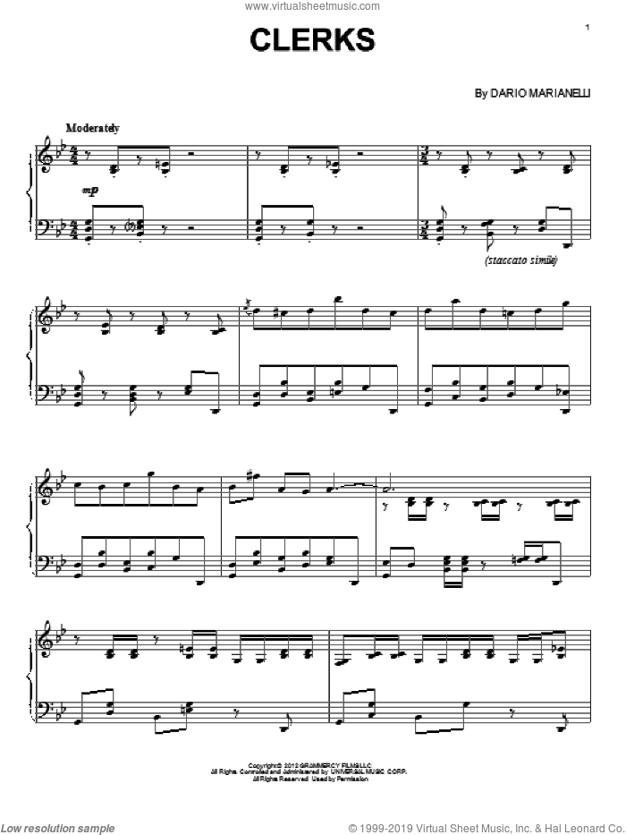 Clerks sheet music for piano solo by Dario Marianelli, classical score, intermediate skill level
