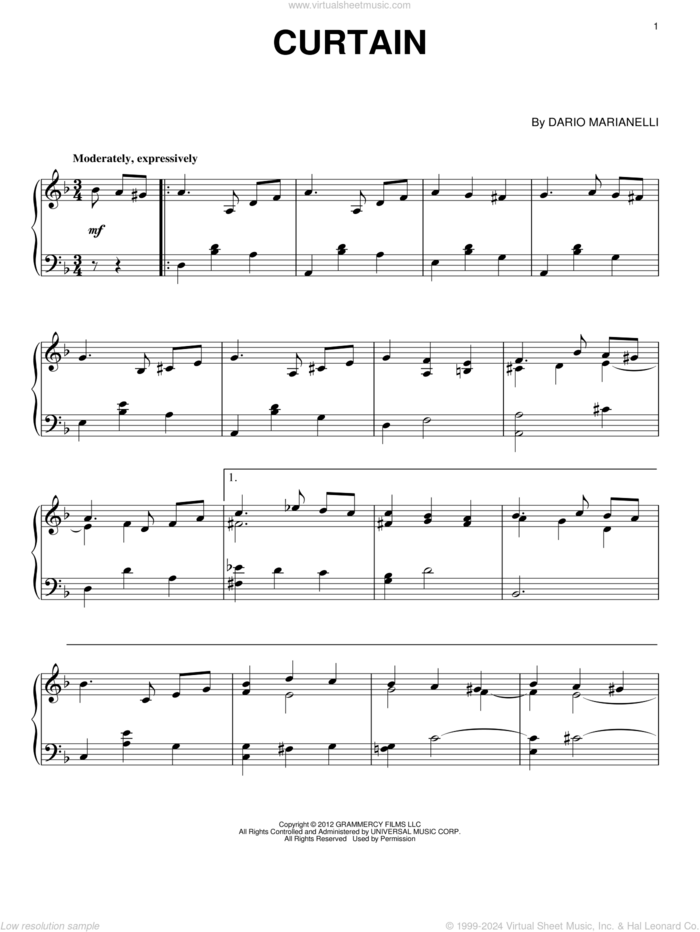 Curtain sheet music for piano solo by Dario Marianelli, classical score, intermediate skill level