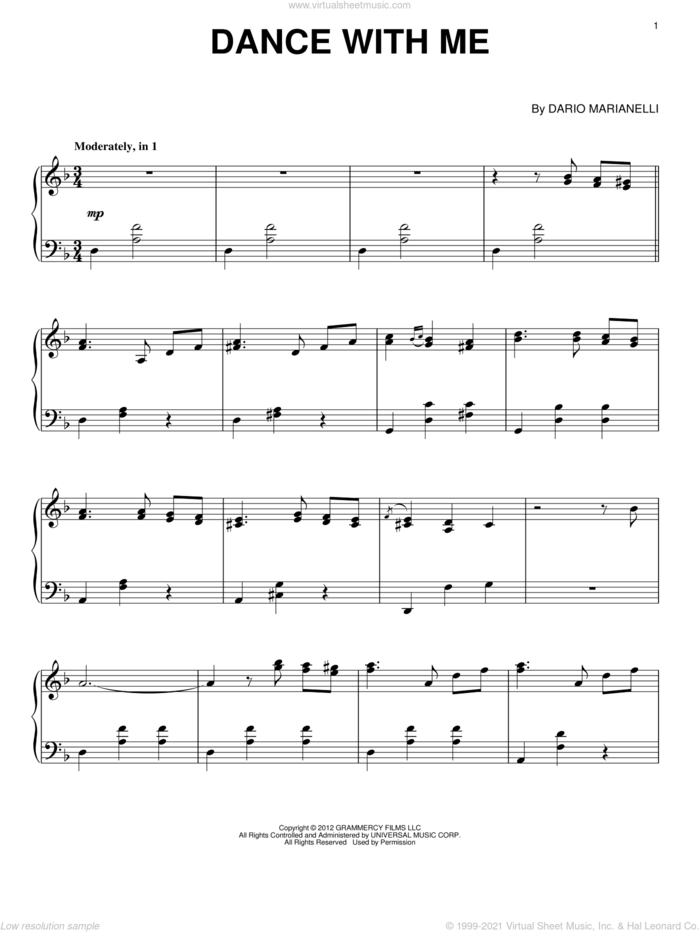 Dance With Me sheet music for piano solo by Dario Marianelli, classical score, intermediate skill level
