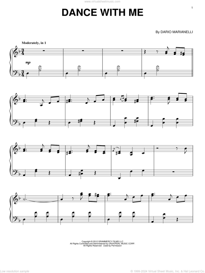 Dance With Me sheet music for piano solo by Dario Marianelli, classical score, intermediate skill level