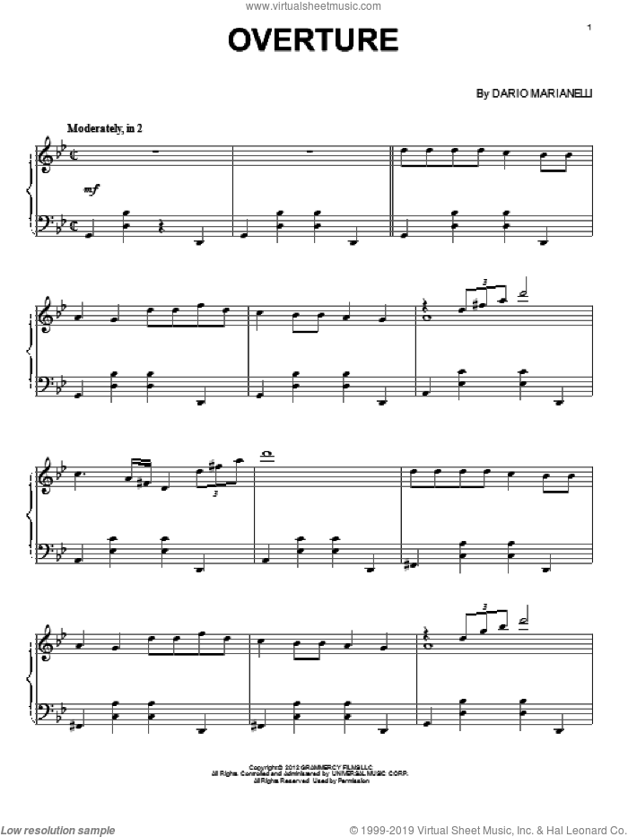 Overture sheet music for piano solo by Dario Marianelli, classical score, intermediate skill level