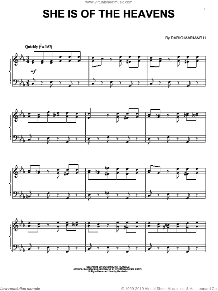 She Is Of The Heavens sheet music for piano solo (PDF)