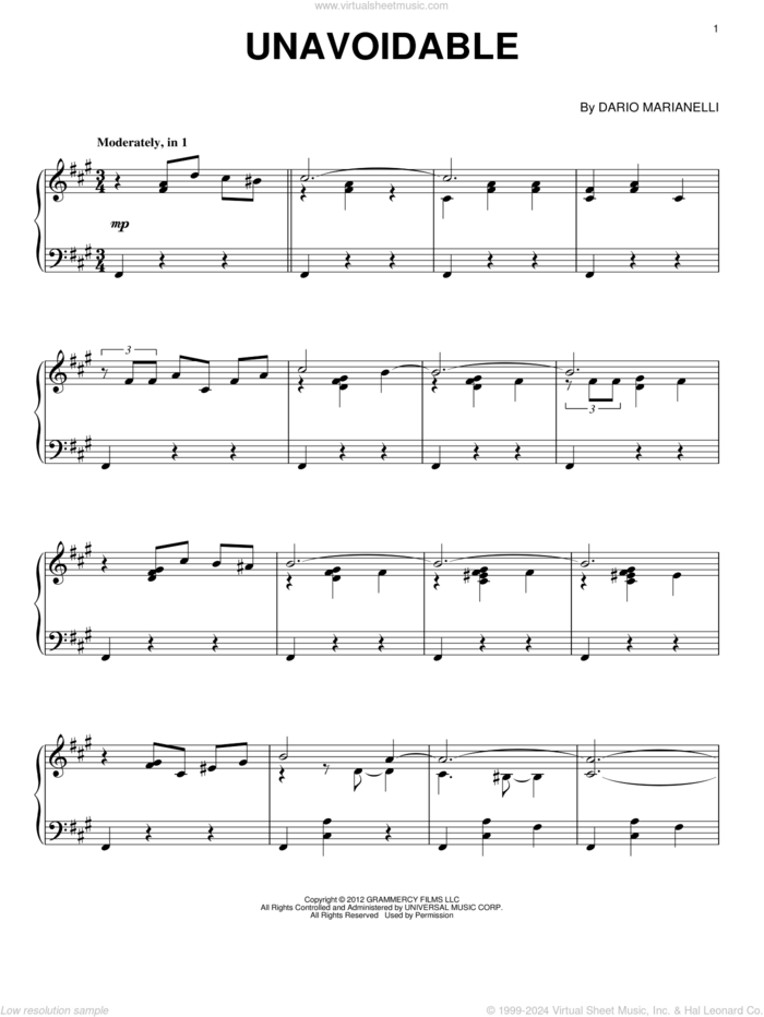 Unavoidable sheet music for piano solo by Dario Marianelli, classical score, intermediate skill level