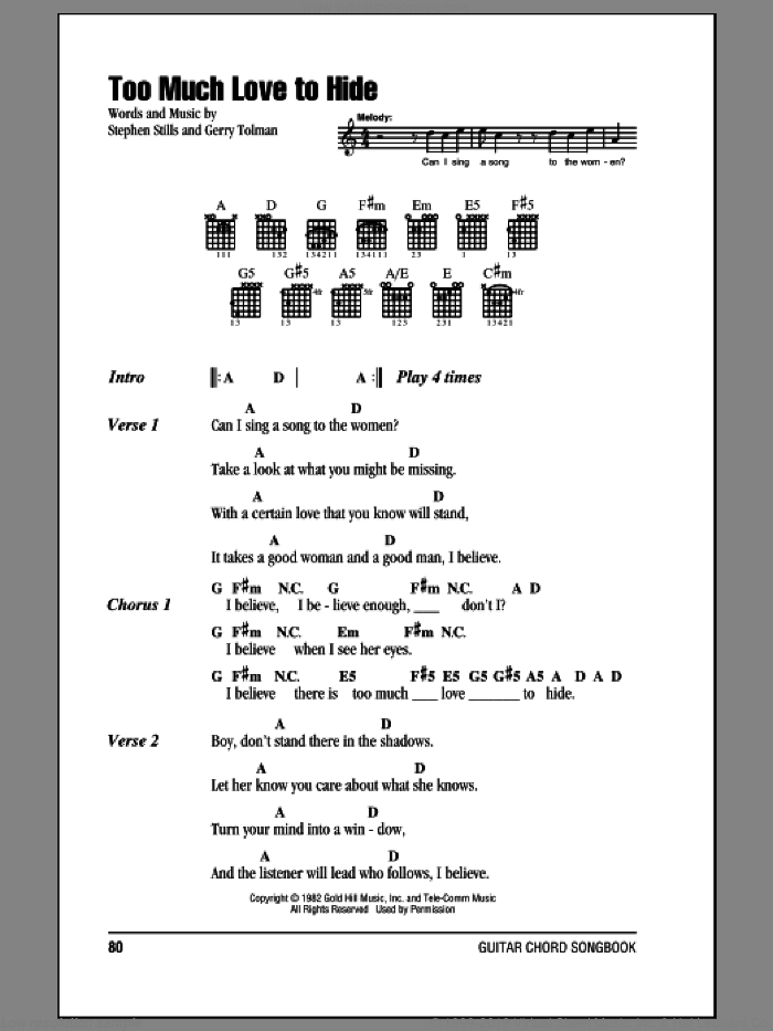 Too Much Love To Hide sheet music for guitar (chords) by Crosby, Stills & Nash, Gerry Tolman and Stephen Stills, intermediate skill level