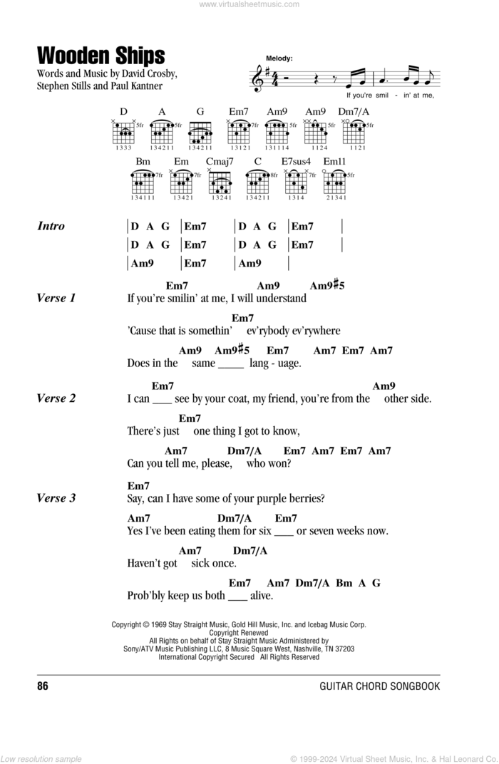 Wooden Ships sheet music for guitar (chords) by Crosby, Stills & Nash, David Crosby, Paul Kantner and Stephen Stills, intermediate skill level