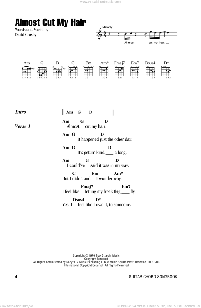 Almost Cut My Hair sheet music for guitar (chords) by Crosby, Stills & Nash and David Crosby, intermediate skill level