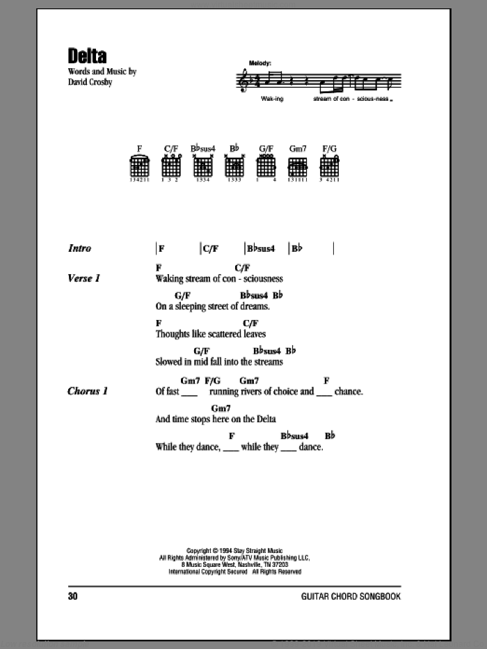 Delta sheet music for guitar (chords) by Crosby, Stills & Nash and David Crosby, intermediate skill level
