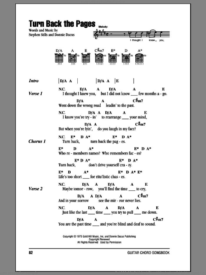 Turn Back The Pages sheet music for guitar (chords) by Crosby, Stills & Nash, Donnie Dacus and Stephen Stills, intermediate skill level