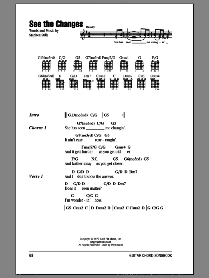 See The Changes sheet music for guitar (chords) by Crosby, Stills & Nash and Stephen Stills, intermediate skill level