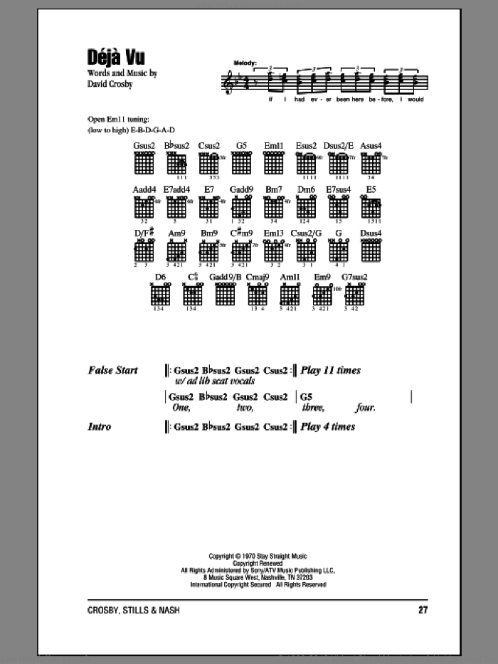 Deja Vu sheet music for guitar (chords) by Crosby, Stills & Nash and David Crosby, intermediate skill level