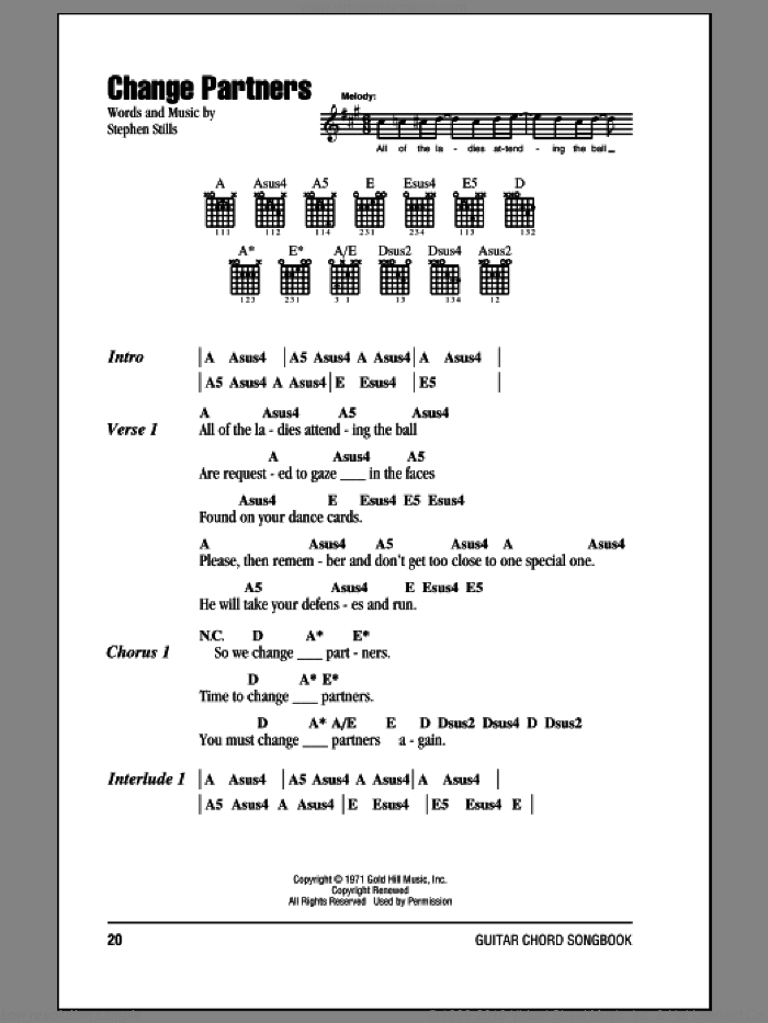 Change Partners sheet music for guitar (chords) by Crosby, Stills & Nash and Stephen Stills, intermediate skill level
