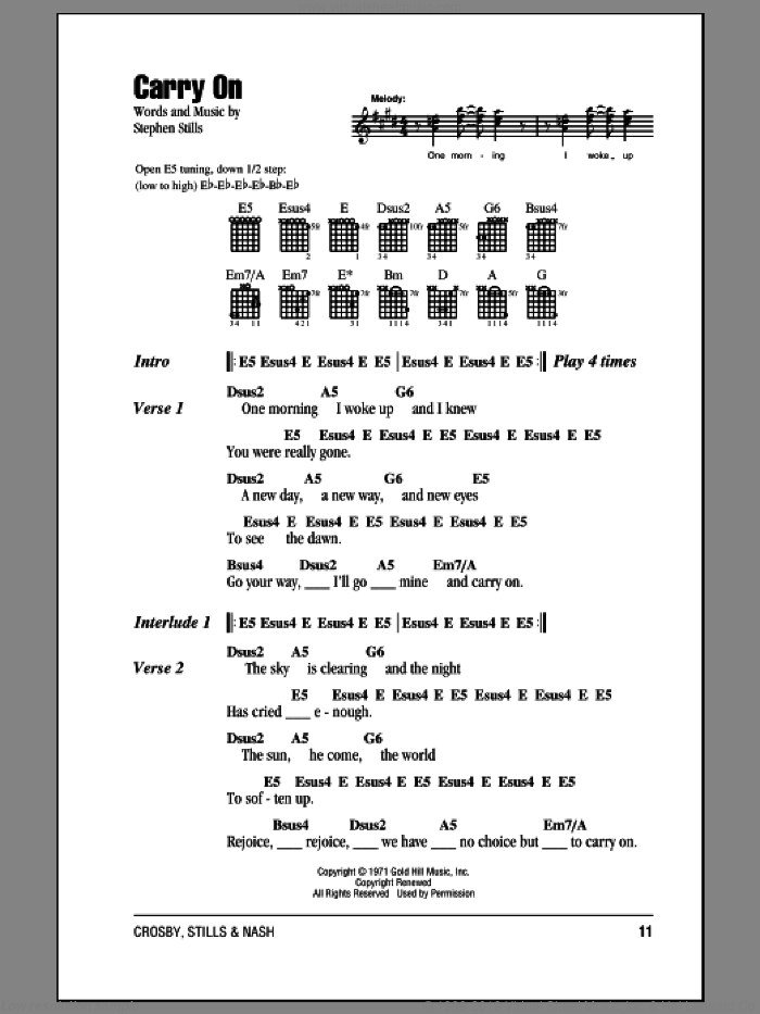 Carry On sheet music for guitar (chords) by Crosby, Stills & Nash and Stephen Stills, intermediate skill level