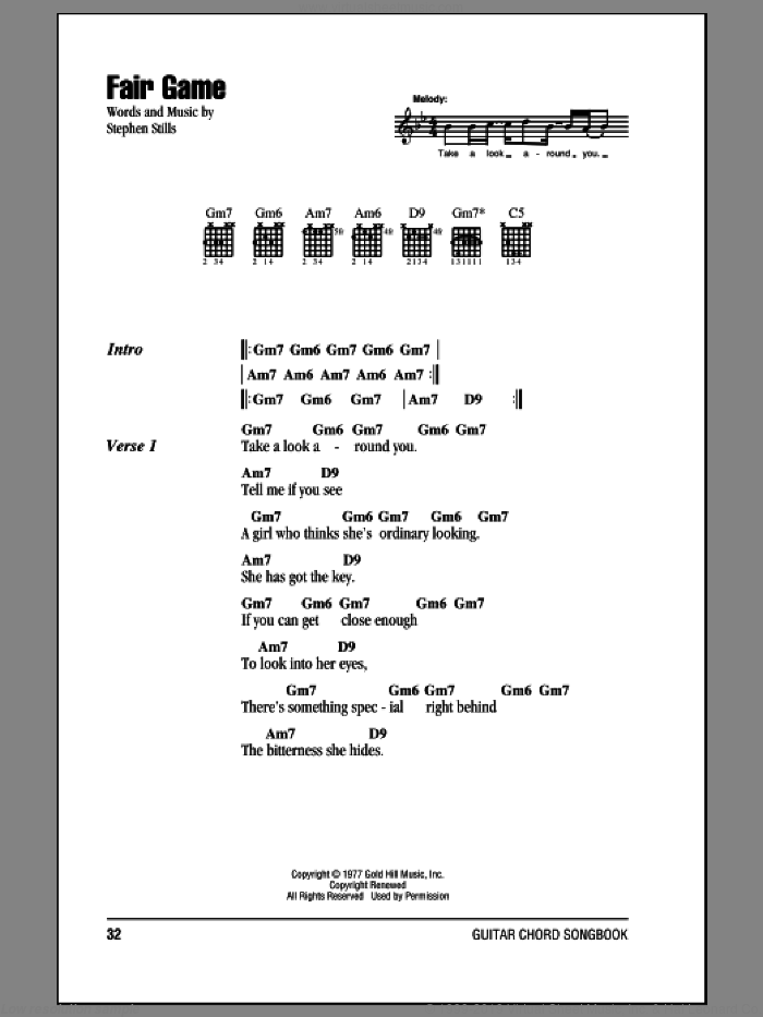 Fair Game sheet music for guitar (chords) by Crosby, Stills & Nash and Stephen Stills, intermediate skill level