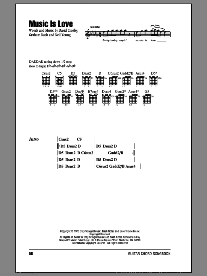 Music Is Love sheet music for guitar (chords) by Crosby, Stills & Nash, David Crosby, Graham Nash and Neil Young, intermediate skill level