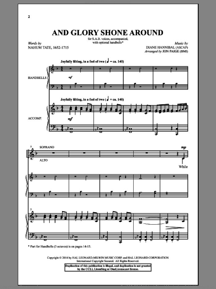 And Glory Shone Around sheet music for choir (SAB: soprano, alto, bass) by Jon Paige, Diane Hannibal and Nahum Tate, intermediate skill level