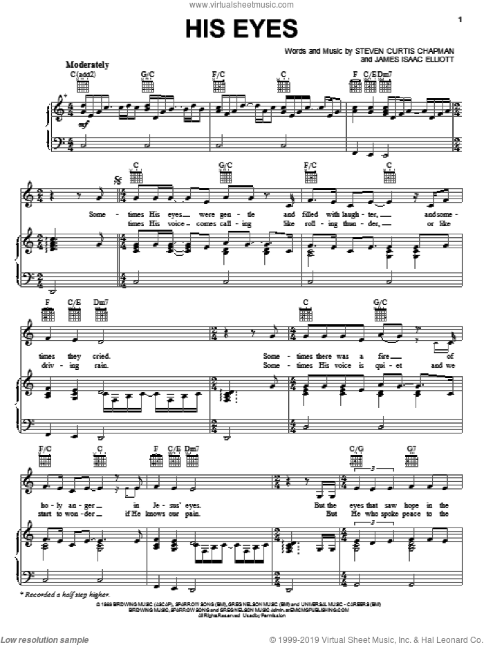 His Eyes sheet music for voice, piano or guitar by Steven Curtis Chapman and James Isaac Elliott, intermediate skill level