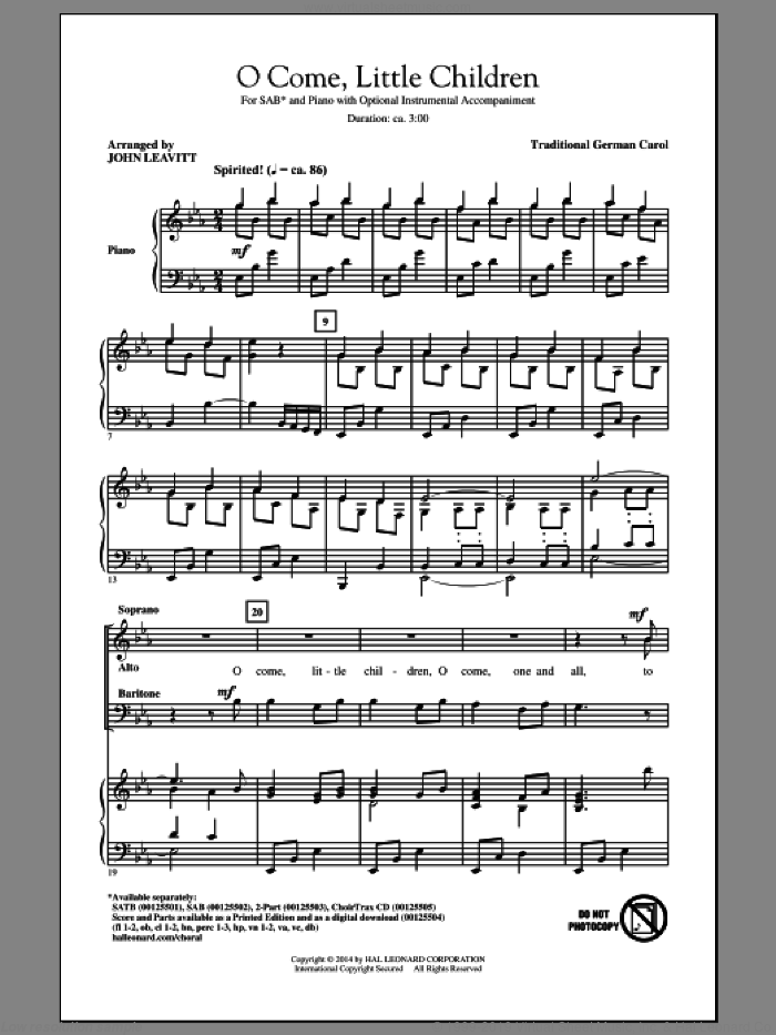 O Come, Little Children sheet music for choir (SAB: soprano, alto, bass) by John Leavitt, Cristoph Von Schmid and J.A.P. Schulz, intermediate skill level