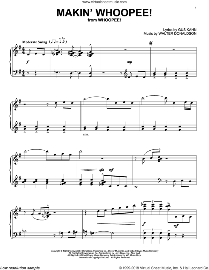 Makin' Whoopee! sheet music for piano solo by John Hicks, Gus Kahn and Walter Donaldson, intermediate skill level