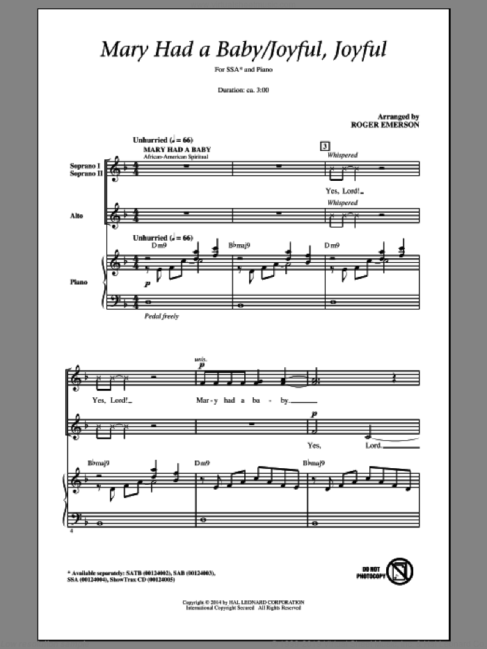 Mary Had A Baby / Joyful, Joyful sheet music for choir (SSA: soprano, alto) by Ludwig van Beethoven, Edward Hodges, Henry van Dyke and Roger Emerson, intermediate skill level