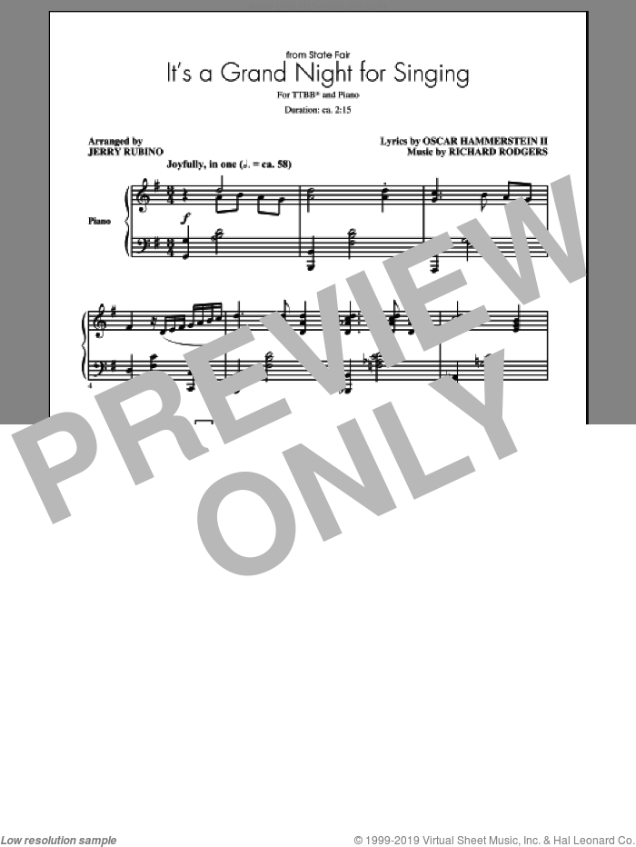It's A Grand Night For Singing sheet music for choir (TTBB: tenor, bass) by Richard Rodgers, Jerry Rubino and Oscar II Hammerstein, intermediate skill level