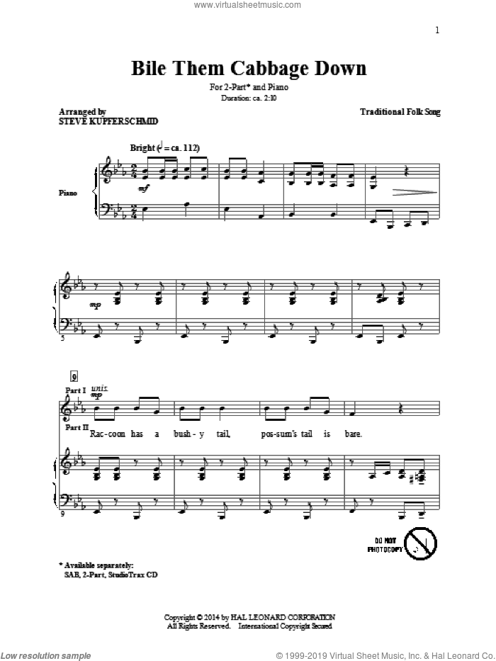 Boil Them Cabbage Down sheet music for choir (2-Part) by American Folksong and Steve Kupferschmid, intermediate duet