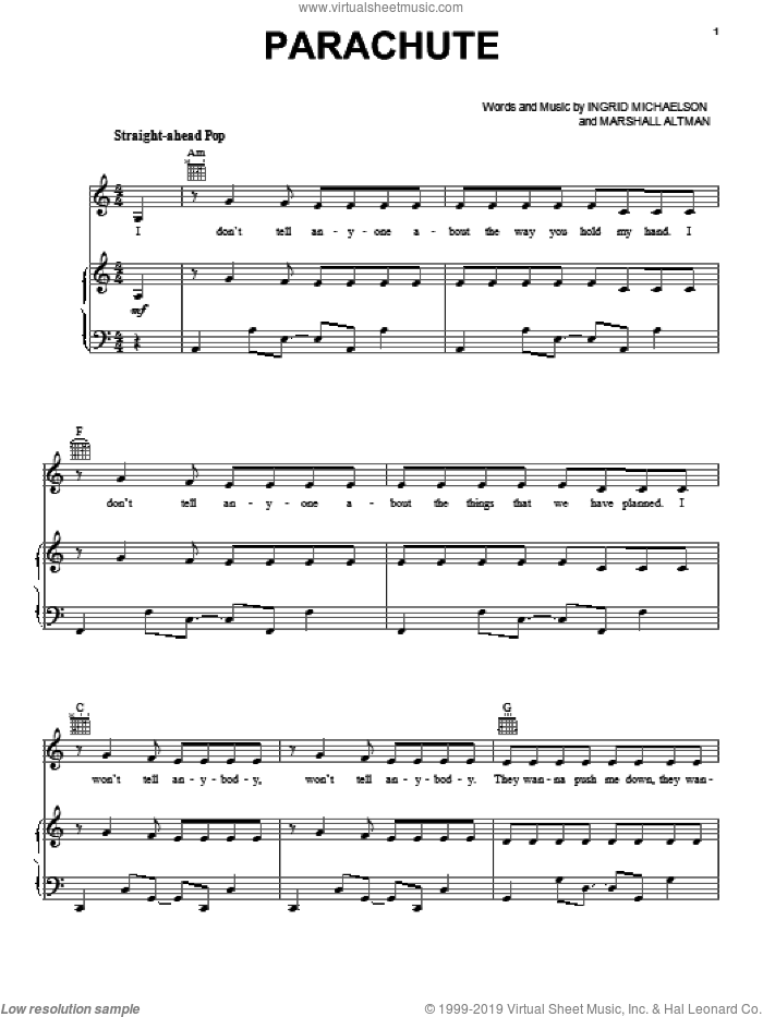 Parachute sheet music for voice, piano or guitar by Cheryl Cole, Ingrid Michaelson and Marshall Altman, intermediate skill level