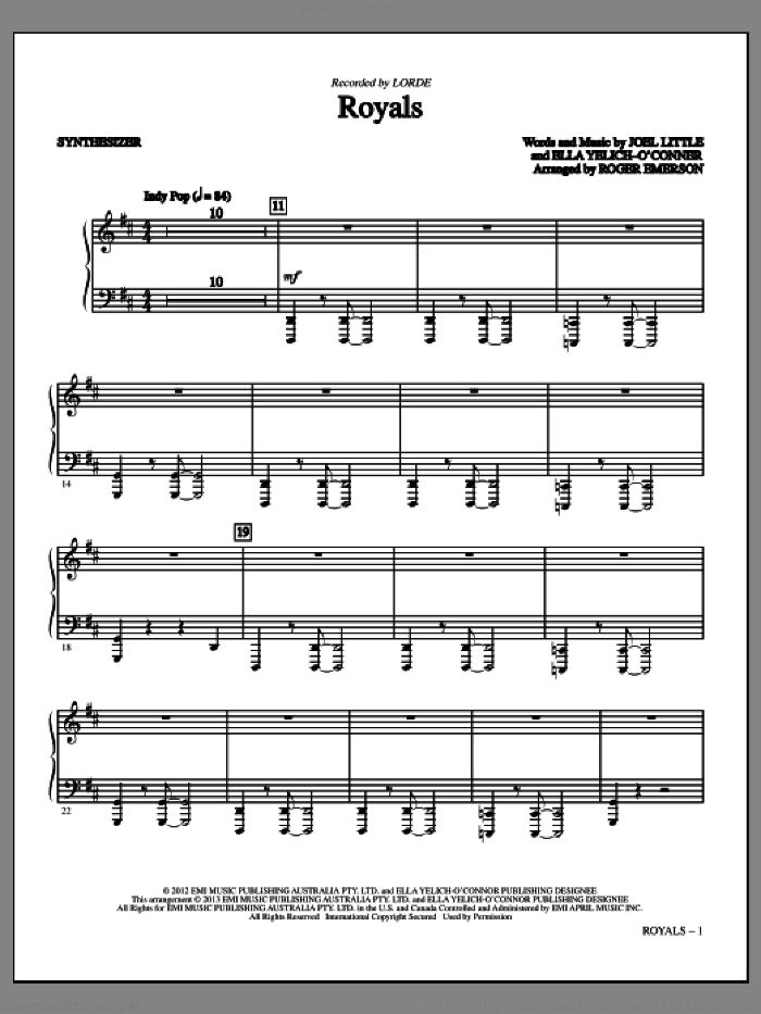 Royals (complete set of parts) sheet music for orchestra/band by Roger Emerson, Joel Little and Lorde, intermediate skill level