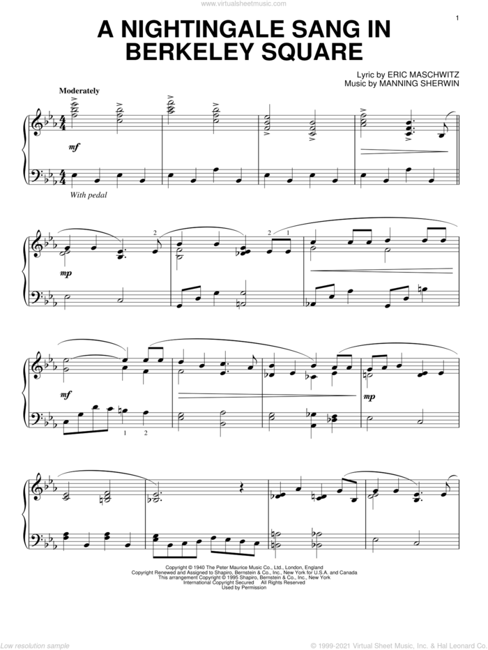 A Nightingale Sang In Berkeley Square, (intermediate) sheet music for piano solo by Manhattan Transfer, Eric Maschwitz and Manning Sherwin, intermediate skill level