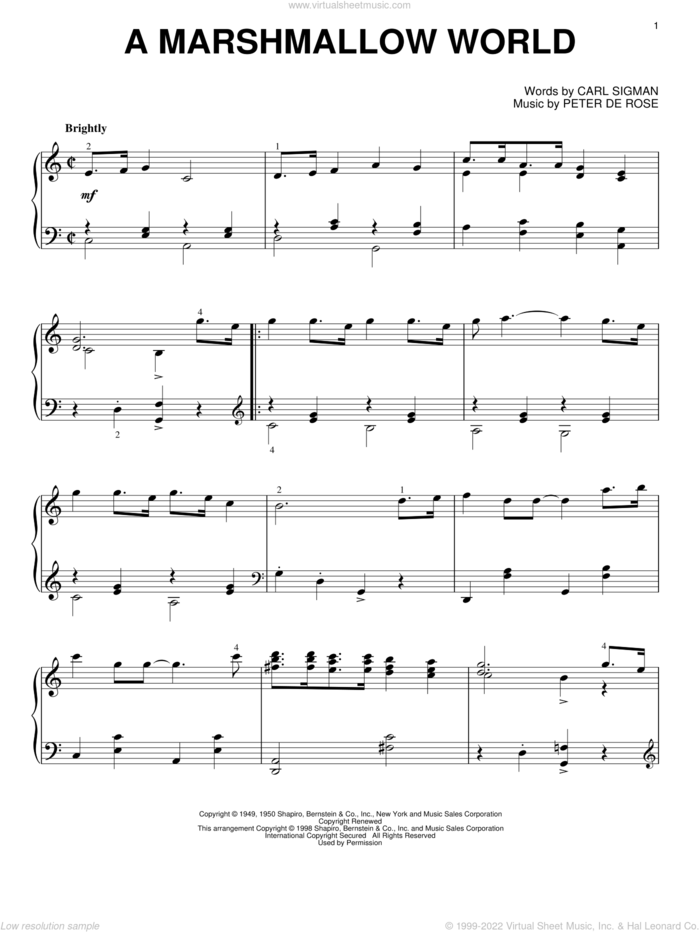 A Marshmallow World sheet music for piano solo by Carl Sigman and Peter DeRose, intermediate skill level