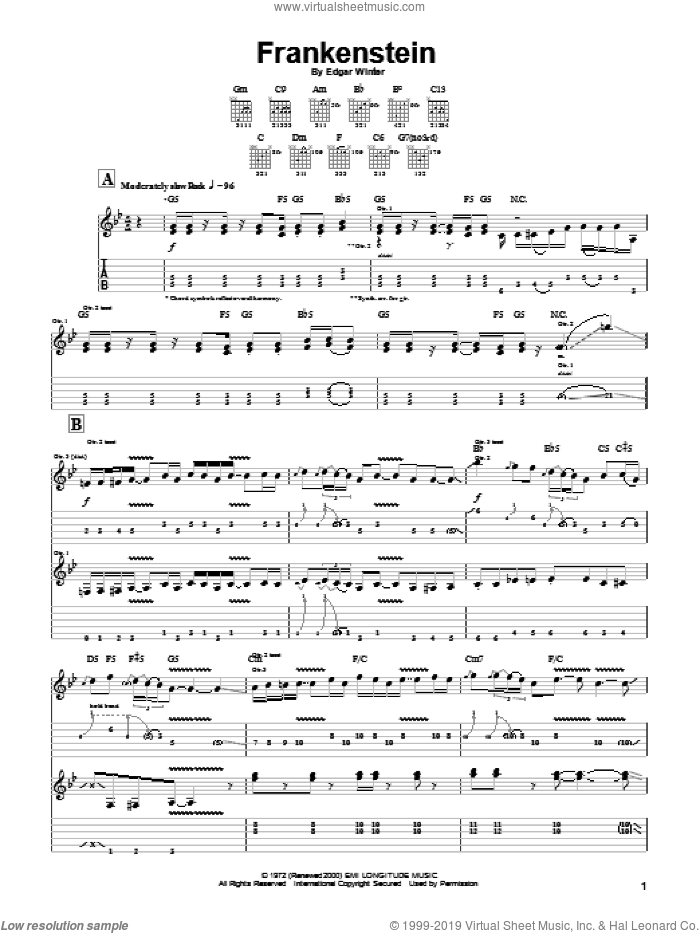 Frankenstein sheet music for guitar (tablature) by The Edgar Winter Group and Edgar Winter Group and Edgar Winter, intermediate skill level