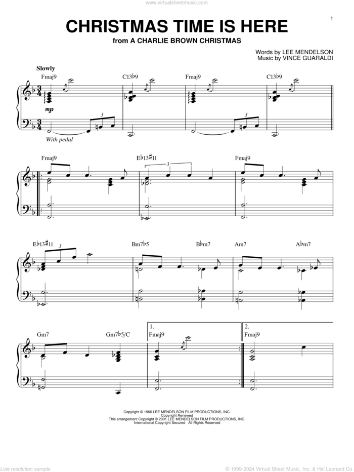 Christmas Time Is Here sheet music for piano solo by Vince Guaraldi and Lee Mendelson, intermediate skill level