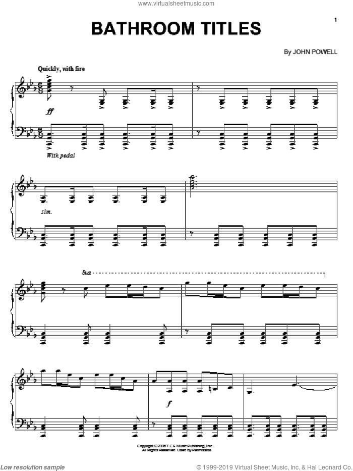Bathroom Titles sheet music for piano solo by John Powell and X-Men: The Last Stand (Movie), intermediate skill level
