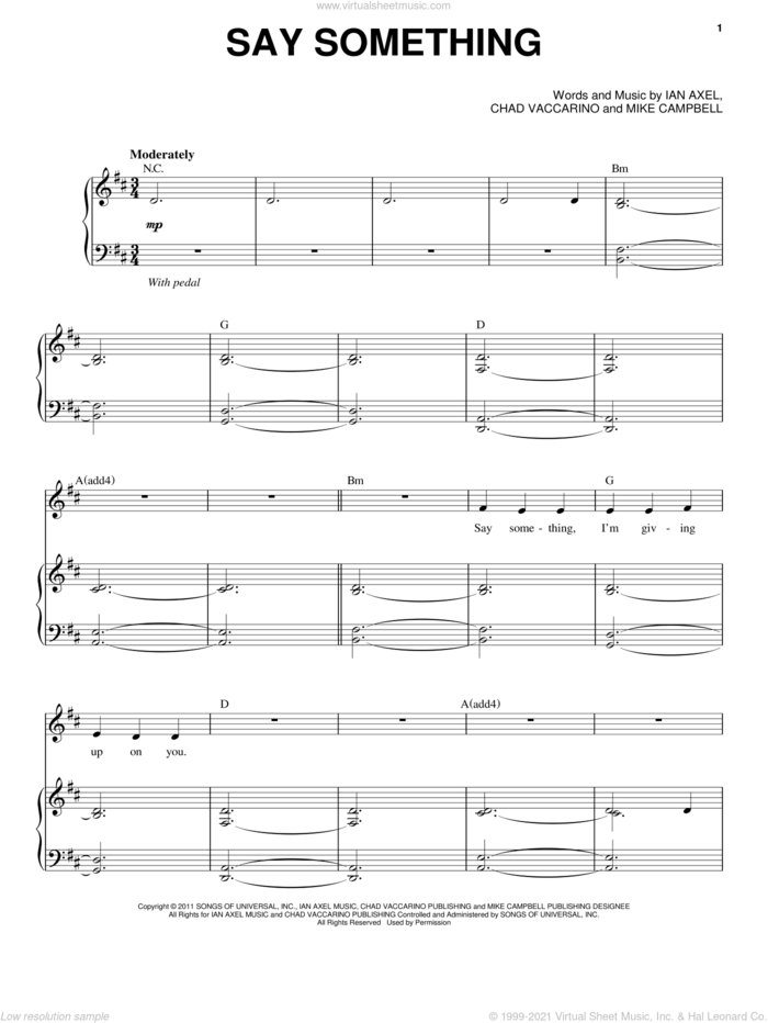 Say Something sheet music for voice and piano by A Great Big World, Chad Vaccarino, Ian Axel and Mike Campbell, intermediate skill level