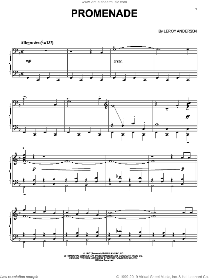 Promenade sheet music for piano solo by LeRoy Anderson, classical score, intermediate skill level