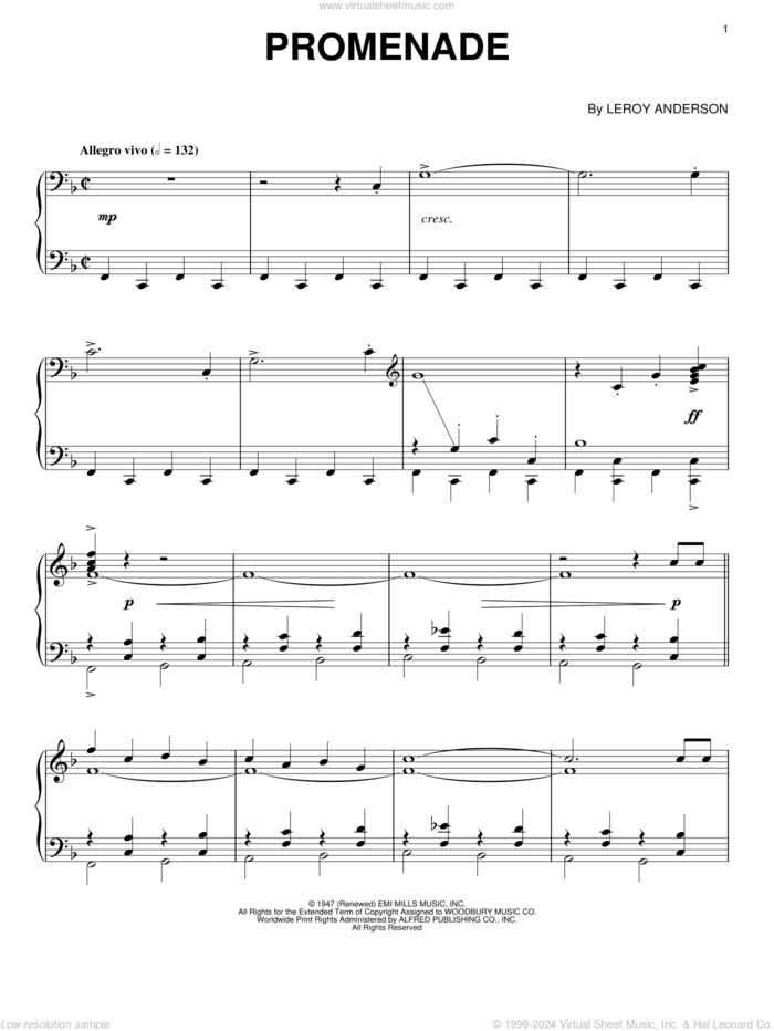 Promenade sheet music for piano solo by LeRoy Anderson, classical score, intermediate skill level