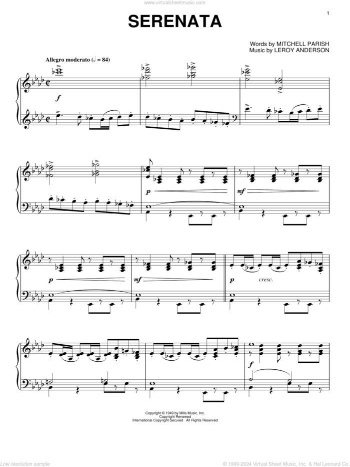 Serenata sheet music for piano solo by LeRoy Anderson and Mitchell Parish, classical score, intermediate skill level