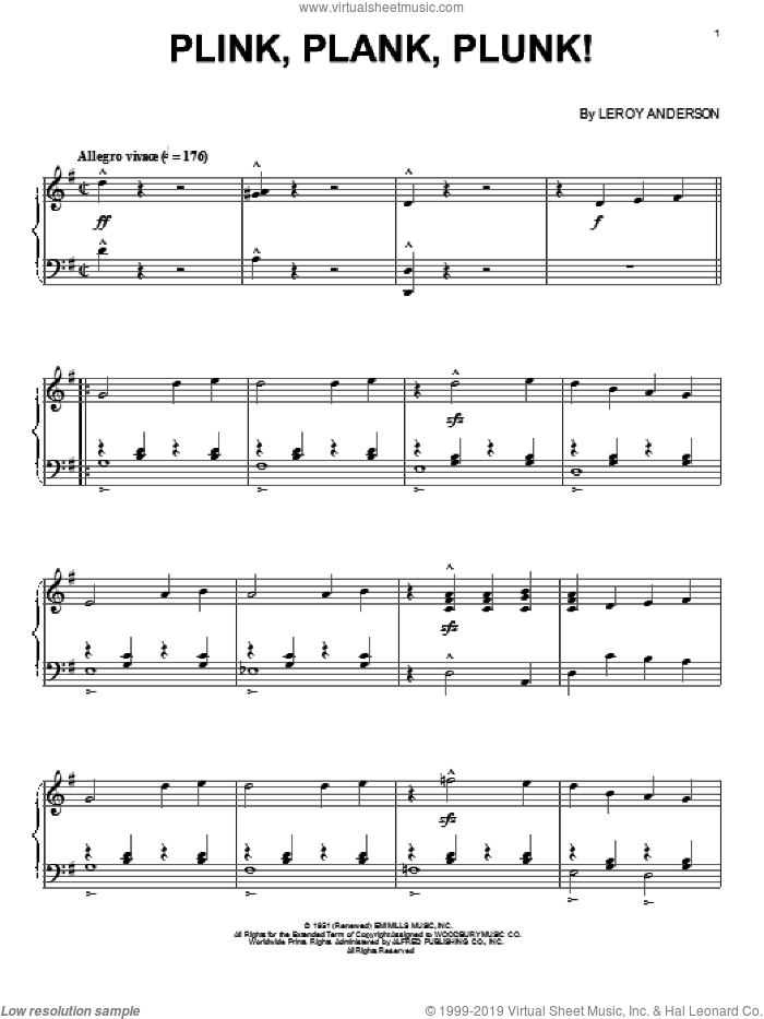 Plink, Plank, Plunk sheet music for piano solo by LeRoy Anderson, classical score, intermediate skill level