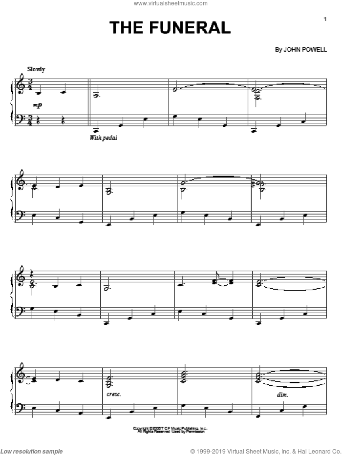 The Funeral sheet music for piano solo by John Powell and X-Men: The Last Stand (Movie), intermediate skill level