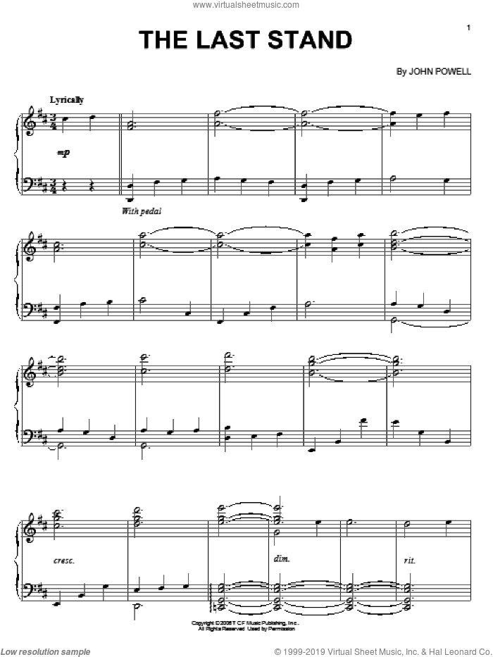 The Last Stand sheet music for piano solo by John Powell and X-Men: The Last Stand (Movie), intermediate skill level