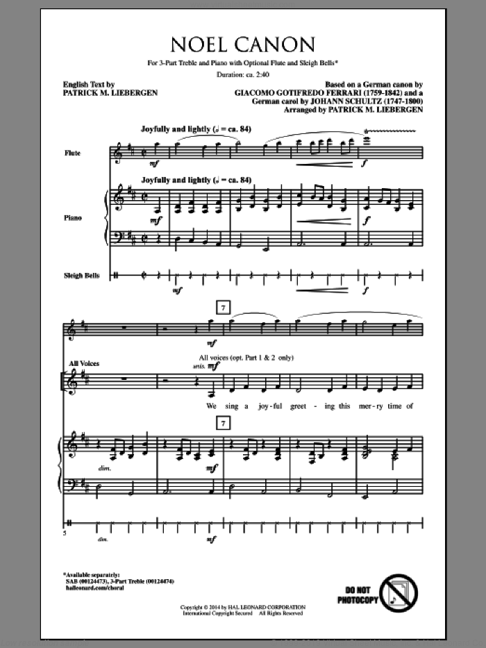Noel Canon sheet music for choir (3-Part Treble) by Patrick Liebergen, Giocamo Gotifredo Ferrari and Johann Schultz, intermediate skill level