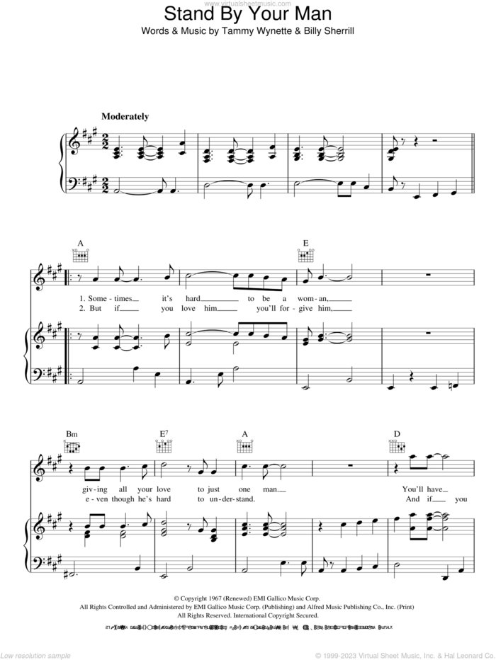 Stand By Your Man sheet music for voice, piano or guitar by Tammy Wynette and Billy Sherrill, intermediate skill level