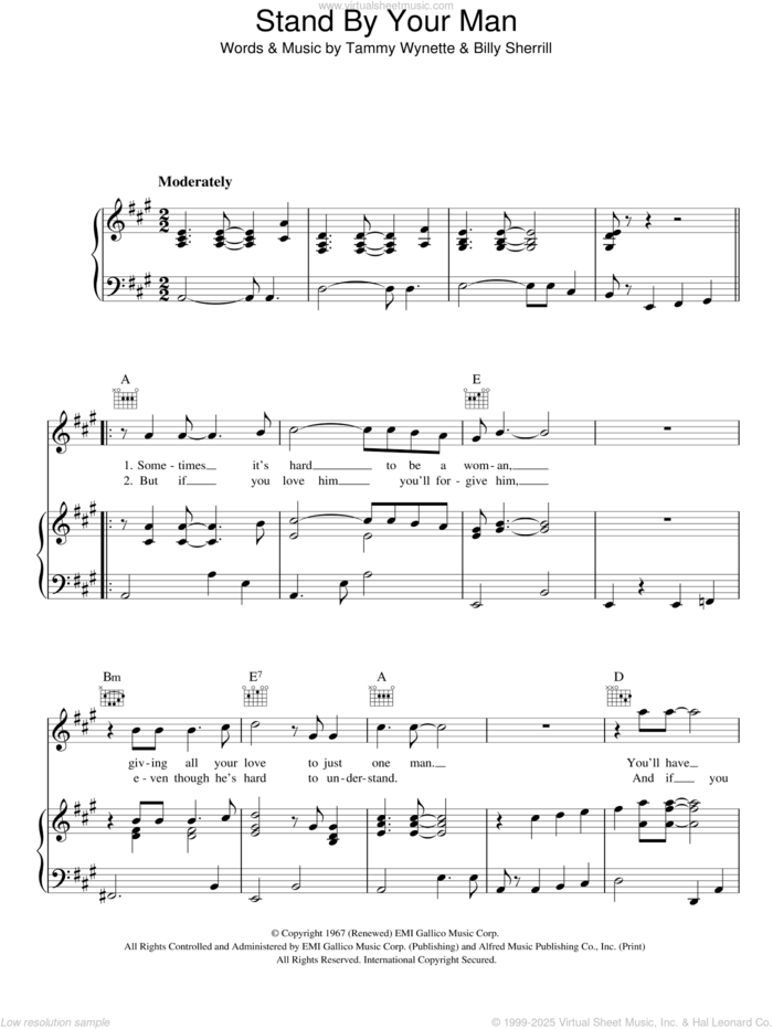 Stand By Your Man sheet music for voice, piano or guitar by Tammy Wynette and Billy Sherrill, intermediate skill level