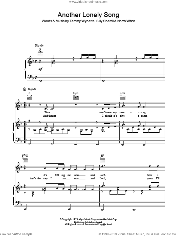 Another Lonely Song sheet music for voice, piano or guitar by Tammy Wynette, Billy Sherrill and Norris Wilson, intermediate skill level