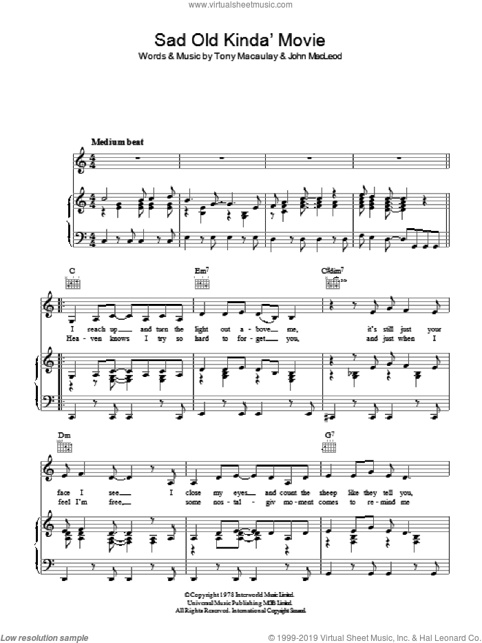 Sad Old Kinda Movie (It's Like A) sheet music for voice, piano or guitar by Pickettywitch, John MacLeod and Tony Macaulay, intermediate skill level