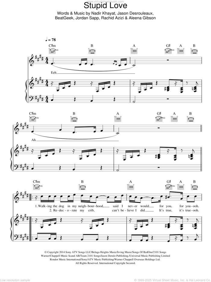 Stupid Love sheet music for voice, piano or guitar by Jason Derulo, Aleena Gibson, BeatGeek, Jason Desrouleaux, Jordan Sapp, Nadir Khayat and Rachid Azizi, intermediate skill level