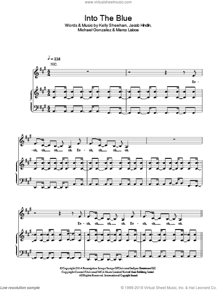 Into The Blue sheet music for voice, piano or guitar by Kylie Minogue, Jacob Hindlin, Kelly Sheehan, Marco Lisboa and Michael Gonzalez, intermediate skill level