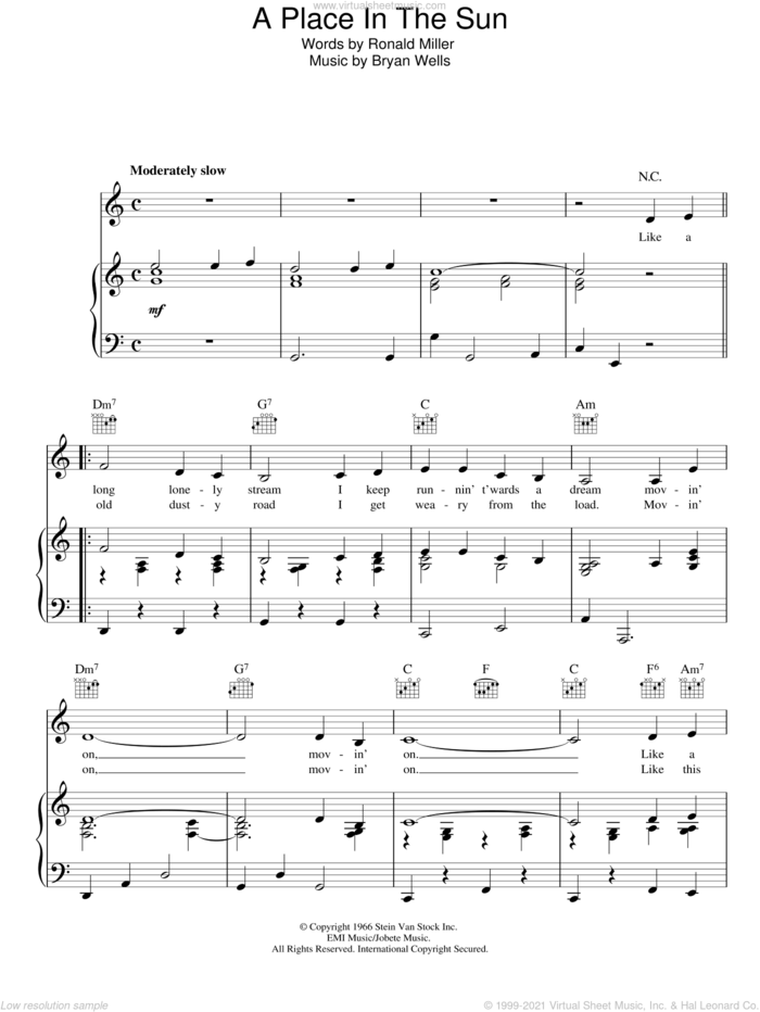 A Place In The Sun sheet music for voice, piano or guitar by Stevie Wonder, Bryan Wells and Ron Miller, intermediate skill level